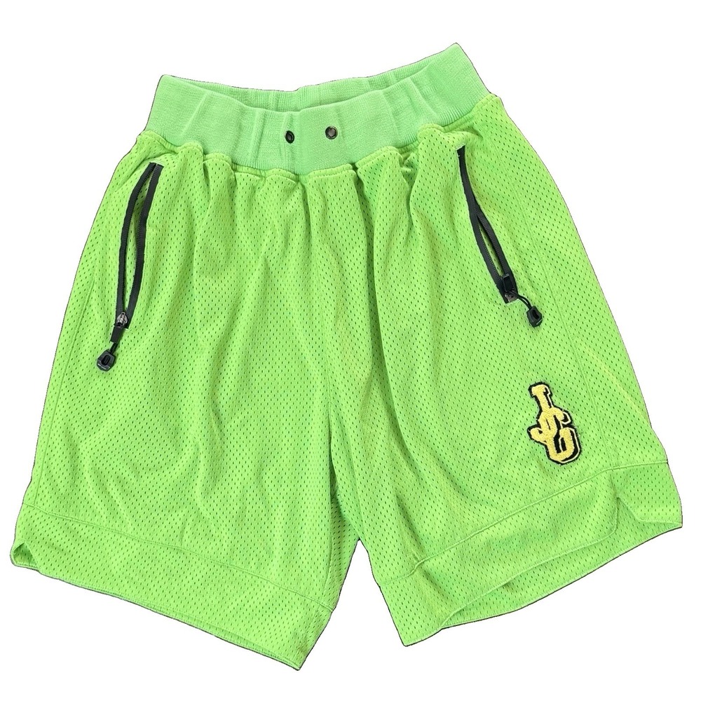 John Geiger JG Chenille Logo Mesh Lime Green Basketball Shorts Large Pockets Zip